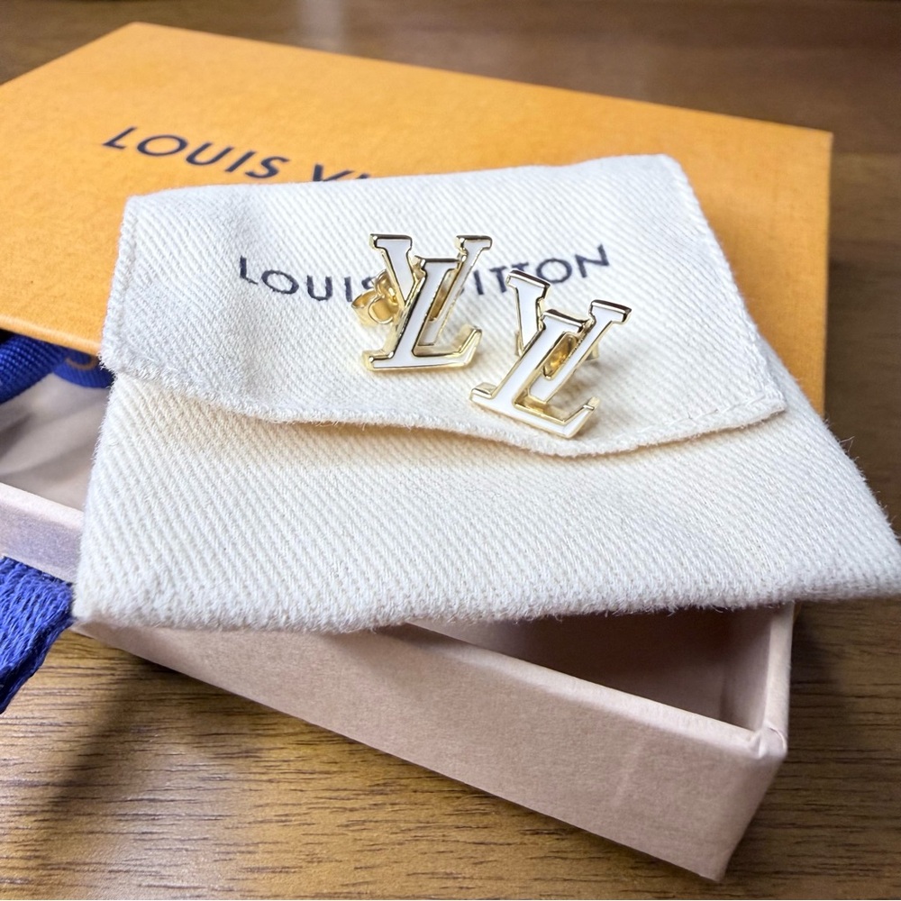 Louis Vuitton Gold-tone LV Logo Stud Earrings with Orange Box and Blue Ribbon